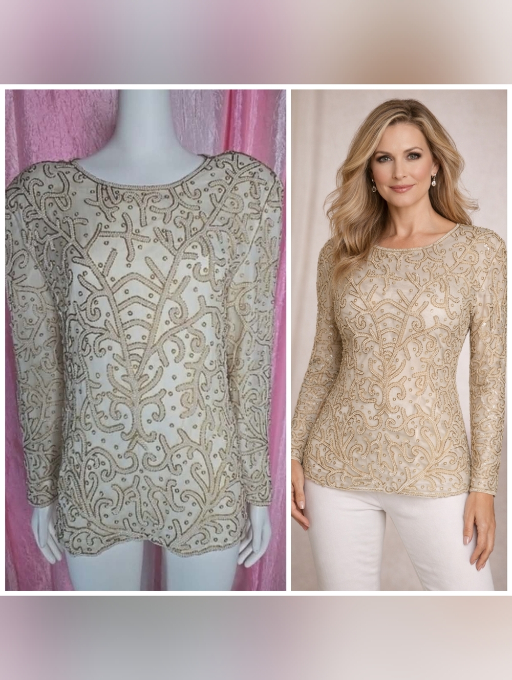 Neiman Marcus Vintage Exquisite Silk Cream Beaded Cocktail Blouse Size Medium